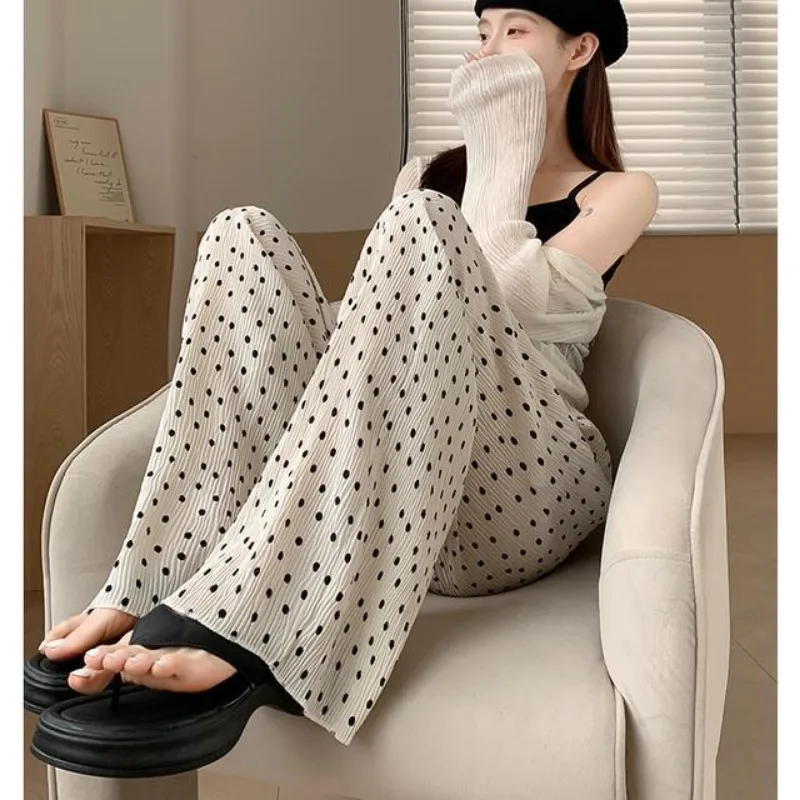 Polka Dot Pleated Wide-leg Pants Female  Summer Thin High Waist Vertical Slacks Loose Ice Silk Mopping Pants Streetwear Women