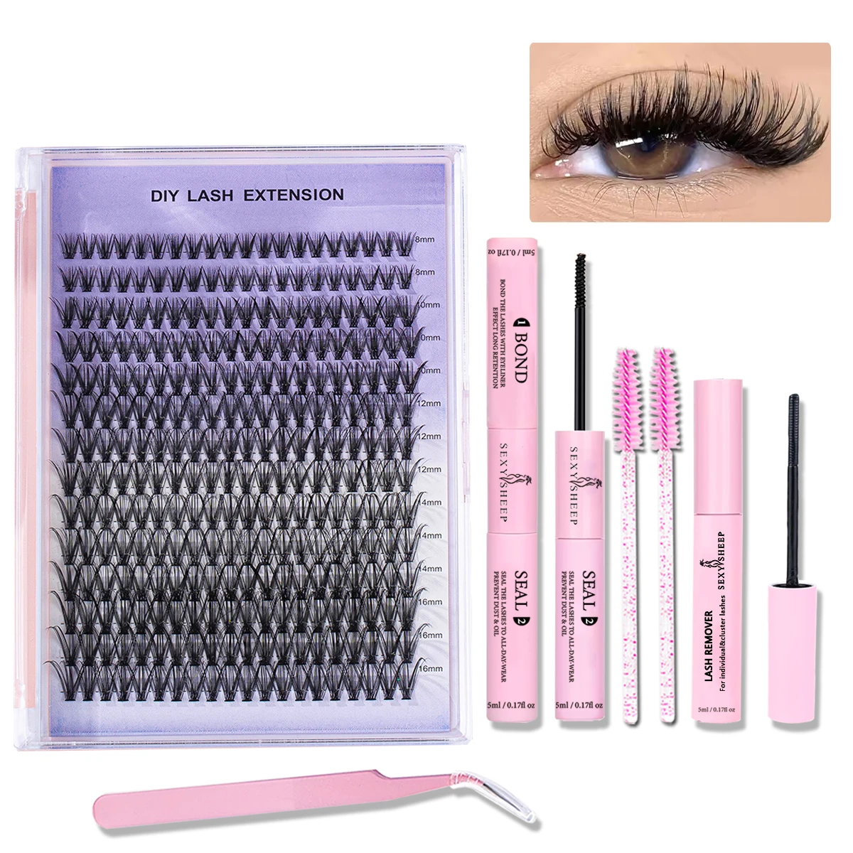 Zestaw do przedłużania rzęs metodą klastrową 30D DIY, klej do rzęs, szczypczyki do rzęs, płyn do usuwania kleju, pędzel.