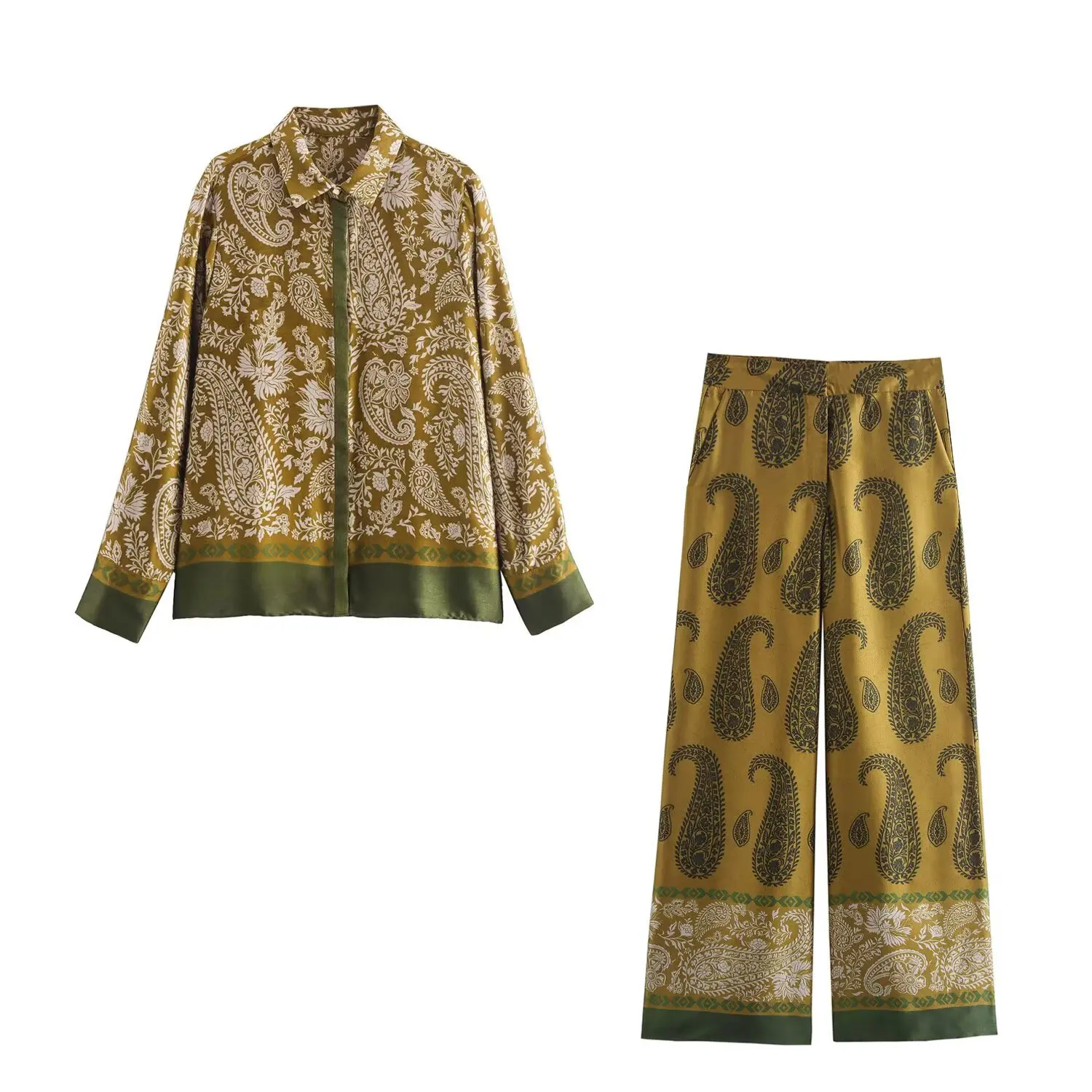 

Women's cross-border fashion printed lapel breasted long sleeve shirt trousers silk satin suit