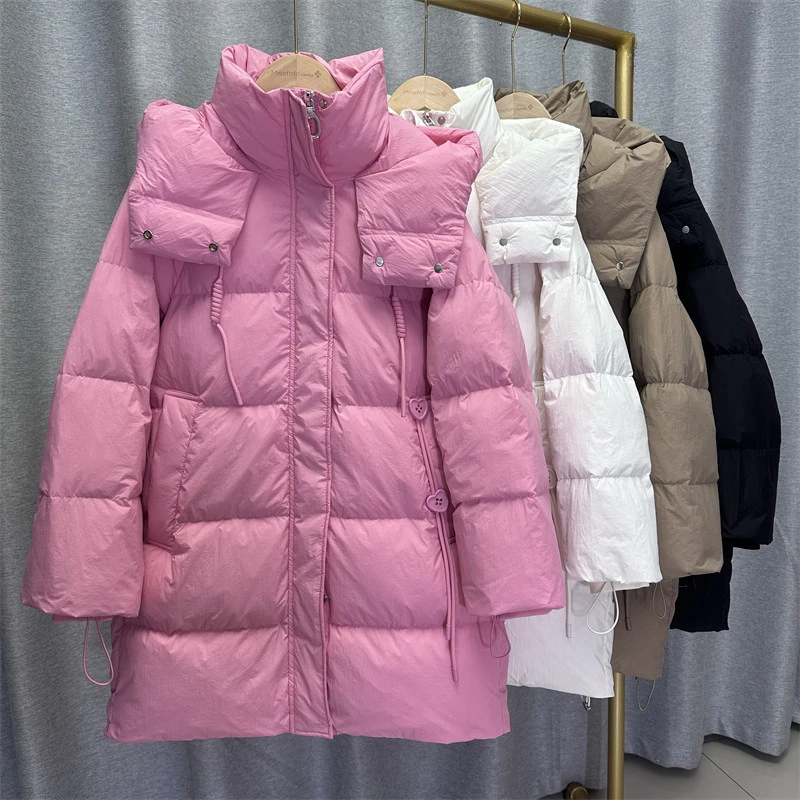 

Winter Women White Goose Down Coat New Korean Fahion Mid Length Love Button Puffer Jacket Thick Warm Hooded Parkas Snow Outwear