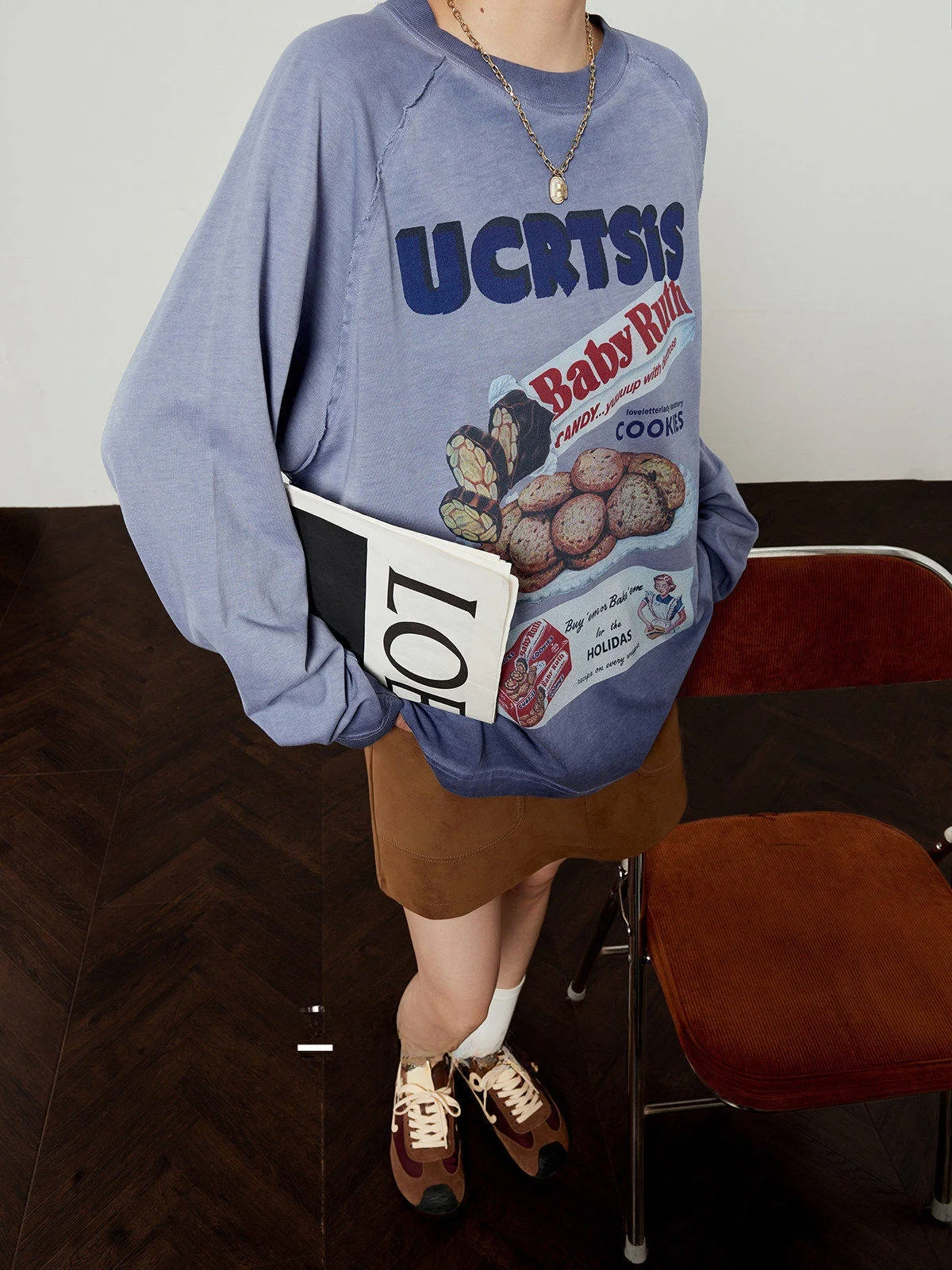 

Женская футболка Wuji Time Cookies Purple Long Sve с принтом, винтажный стиль, повседневный хлопковый топ, весна 2026