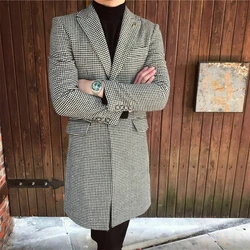 2024 Houndstooth Winter Men Coat Single Breasted Tweed Woolen Overcoat Slim Fit Groom Blazer Hombre Suits Tuxedo Custom Made