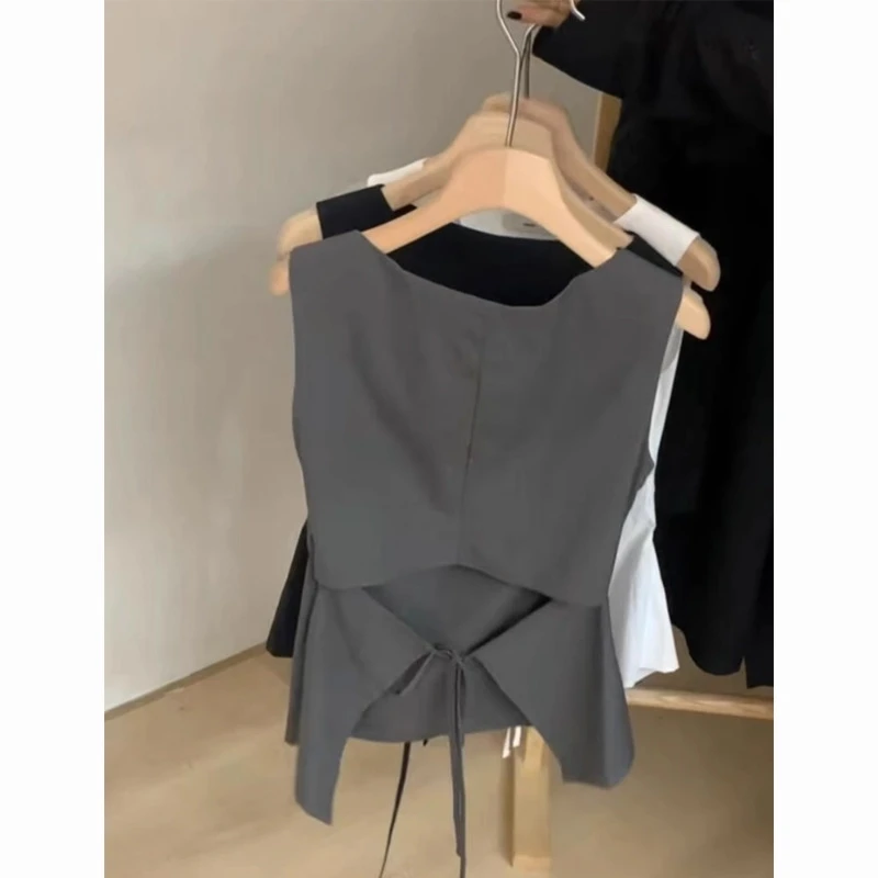 

Summer New Korean Sle Ba Tie Simple Design Casual High End Svel Vest Small Irt Top Loose Fit Thin Regular Length
