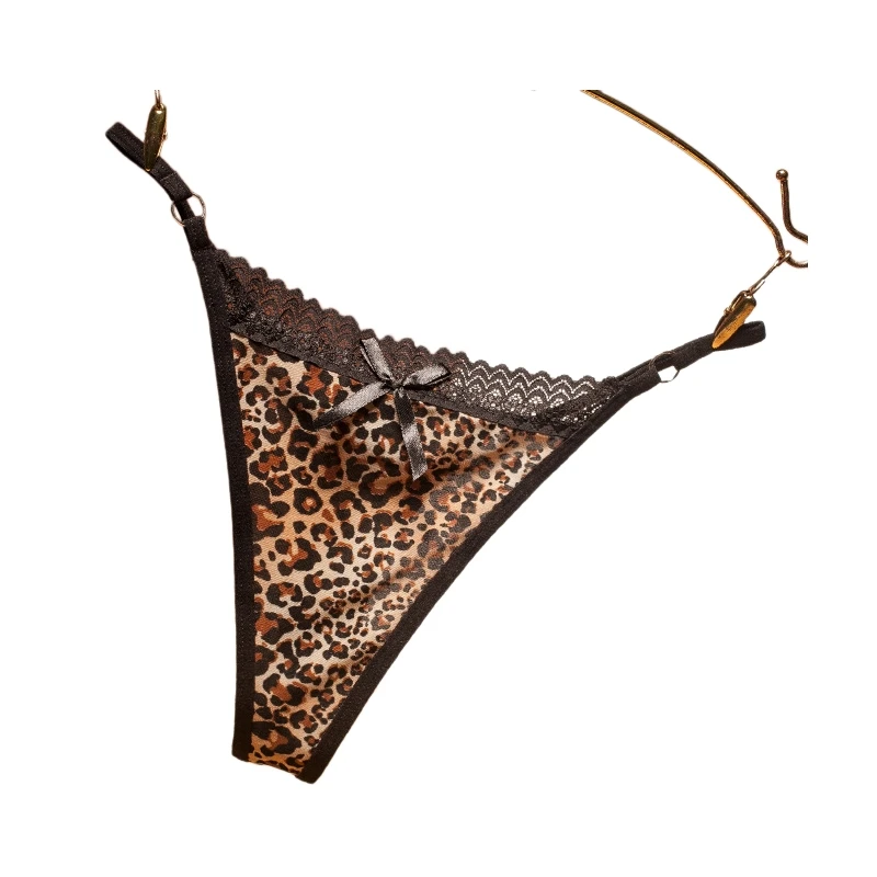 Leopard Print T-Panty for Women Sexy Lace Edge G-String Ice Silk Underwear with Hollow out Design Elastic Thin Waistband