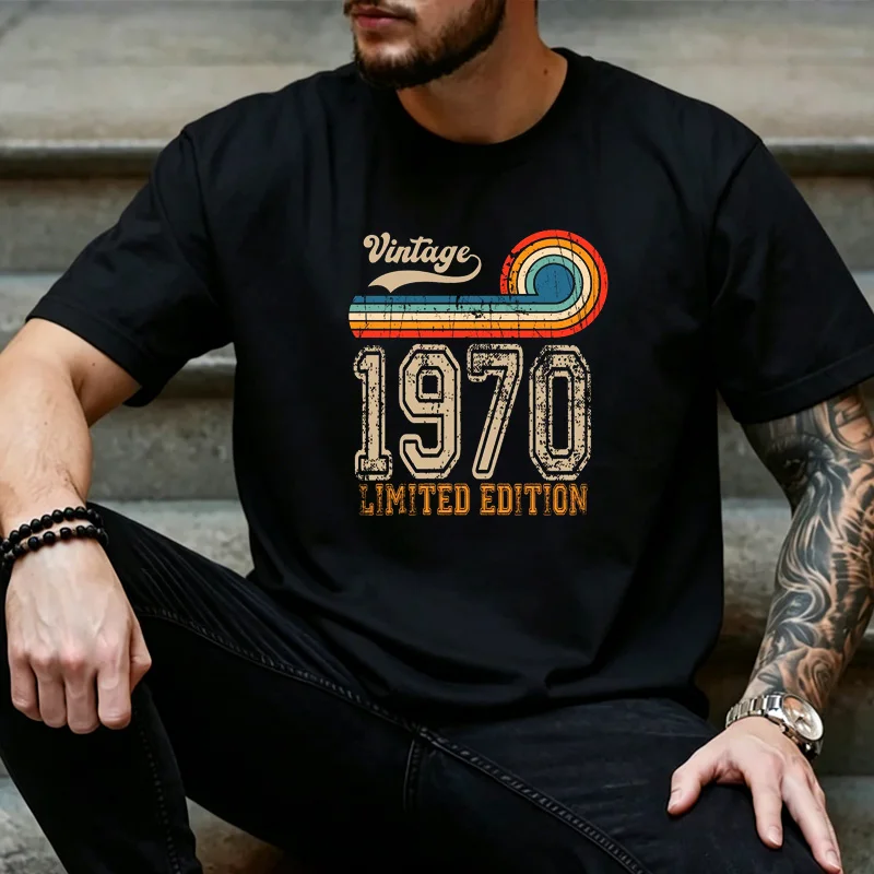 Unisex Vintage 1970 Rainbow Swirl Distressed Graphic T Shirt 70s Nostalgic Birthday Daily Streetwear Top