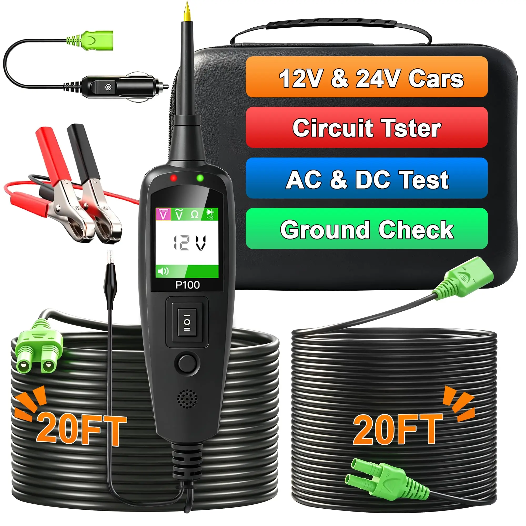 Topdiag P100 Power Circuit Probe Tool 12V 24V Automotive Circuit Tester 40FT Cable Electrical Short Open Breaker Finder for Car AC/DC Voltage Current Resistance Detection Trailer Light Tester