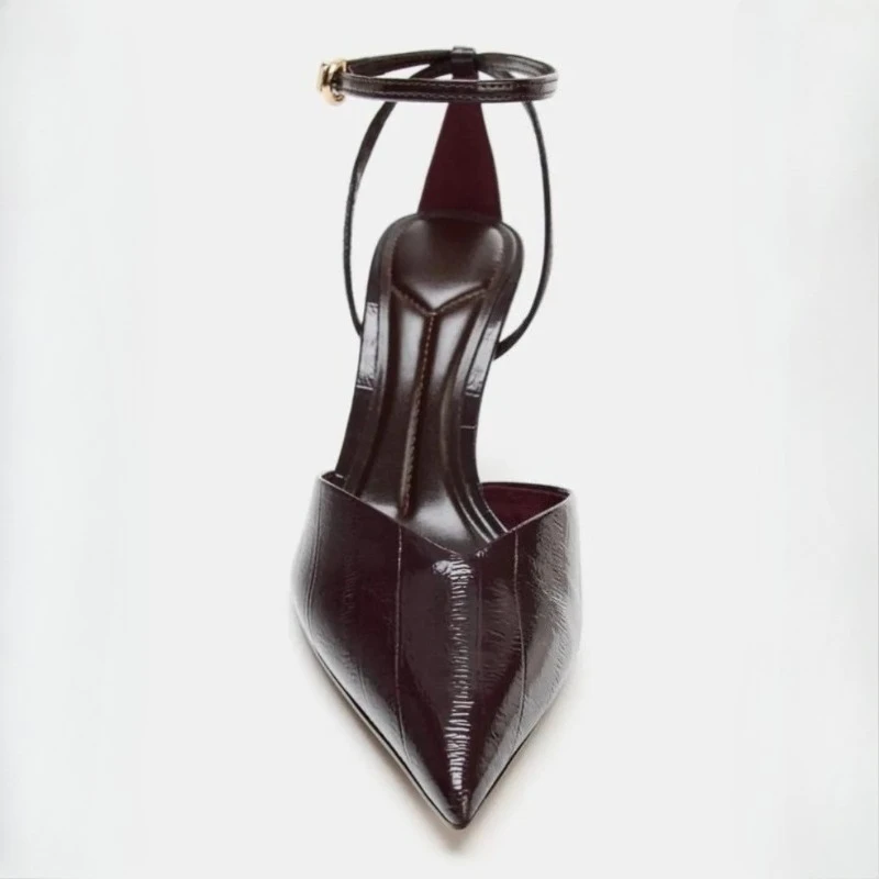 براءات الاختراع والجلود أنيقة أشار تو كعب رقيقة الصنادل النساء مضخات الكاحل حزام جوفاء أنيقة مكتب مثير عالية الكعب أحذية الحفلات #3