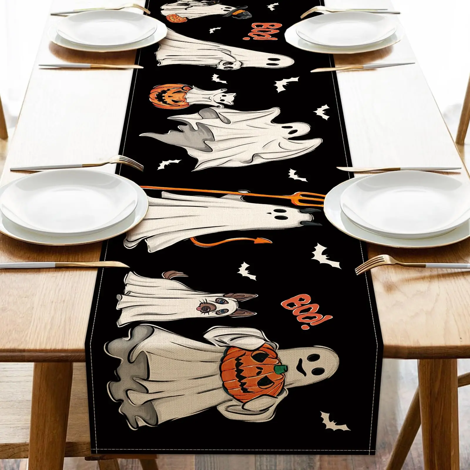 

Halloween Spooky Ghost Boo Black Table Runner, Jack O Lantern Pumpkin Bat Kitchen Dining Table Decor Funny Holiday Burlap Decor