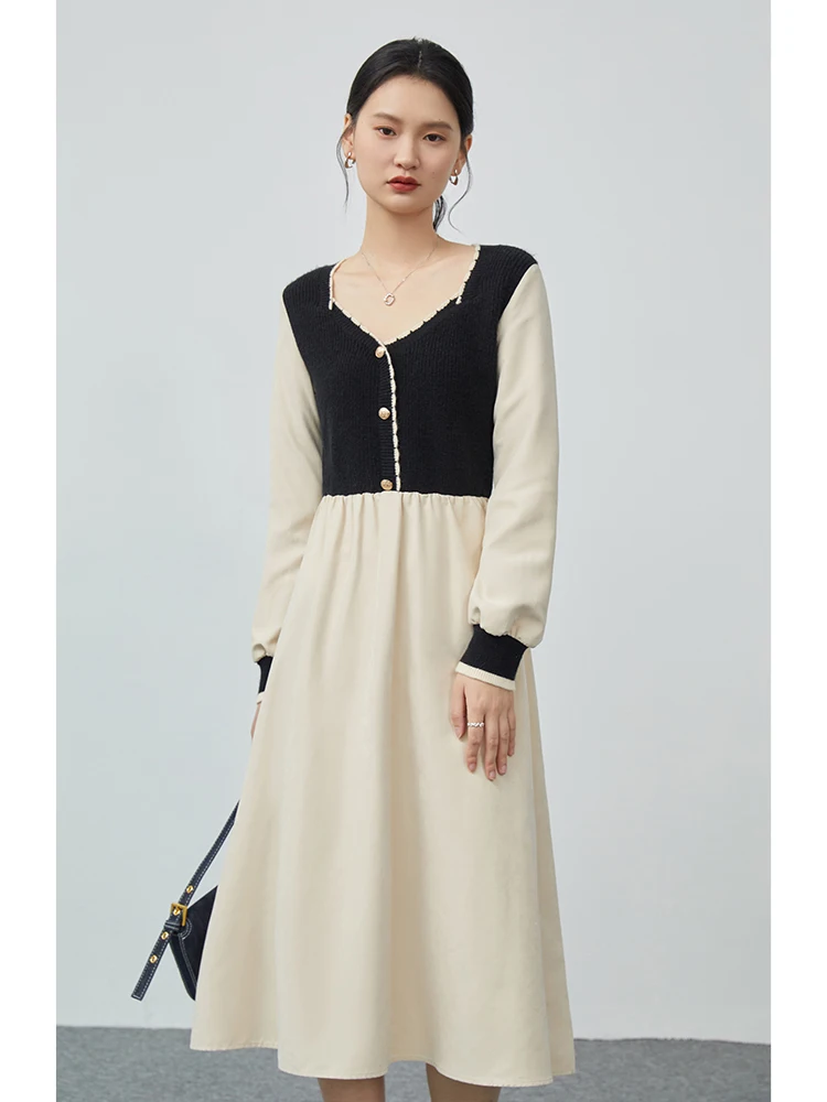 ZIQIAO French Knit Stitching Dress Women Autumn Winter New Long-sleeved Gentle Hepburn Style Square Collar Female Long Skirt