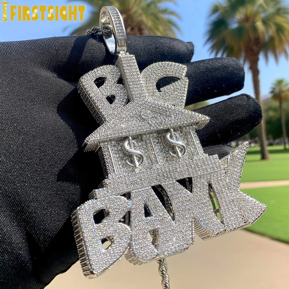 

New Iced Out Bling Heavy Chunky CZ Letter Big Bank Pendant Necklace Cubic Zirconia Dollar Symbol Bank Charm Men Hip Hop Jewelry