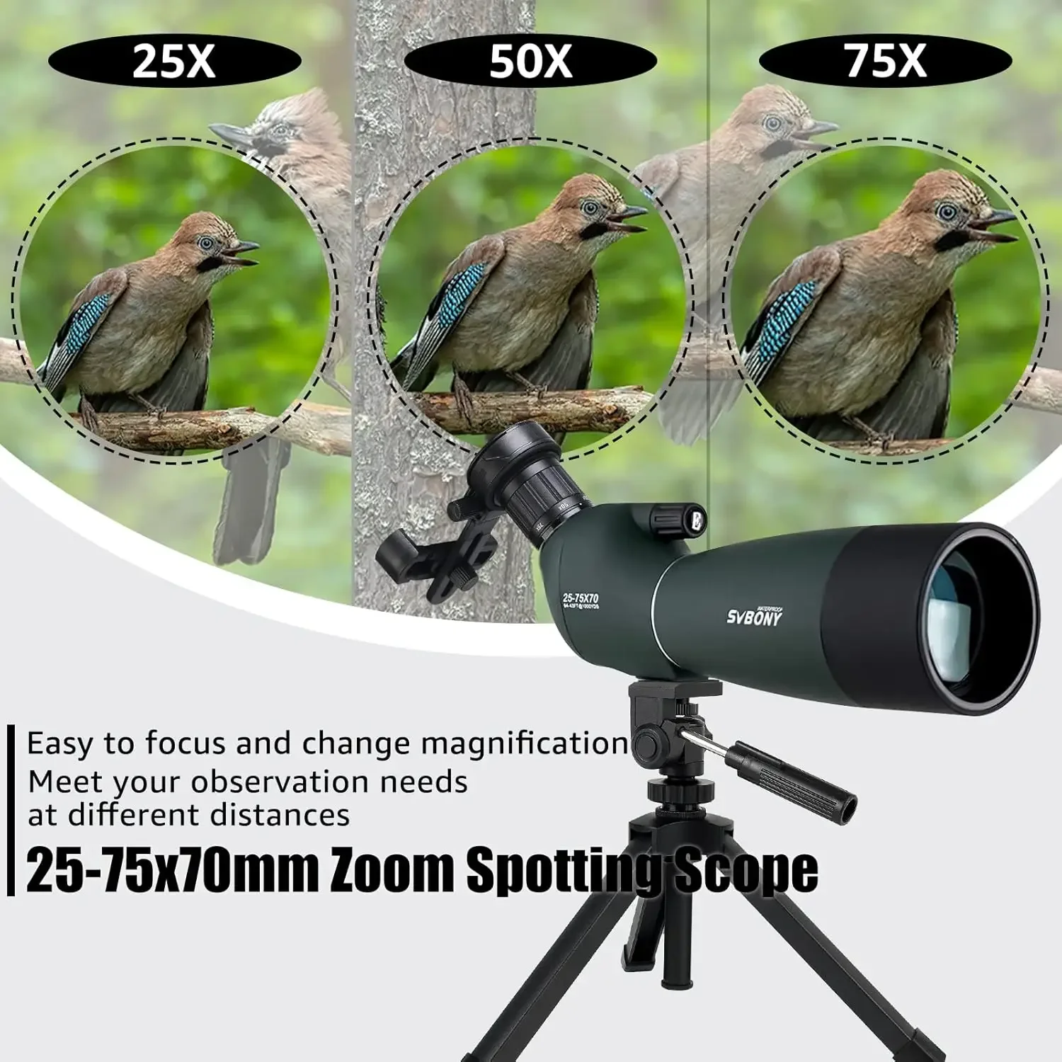 Spotting Scopes with Tripod, Angled 25-75x70mm Spotter Scope with Phone Adapter, Waterproof Fogproof Spotting Scope