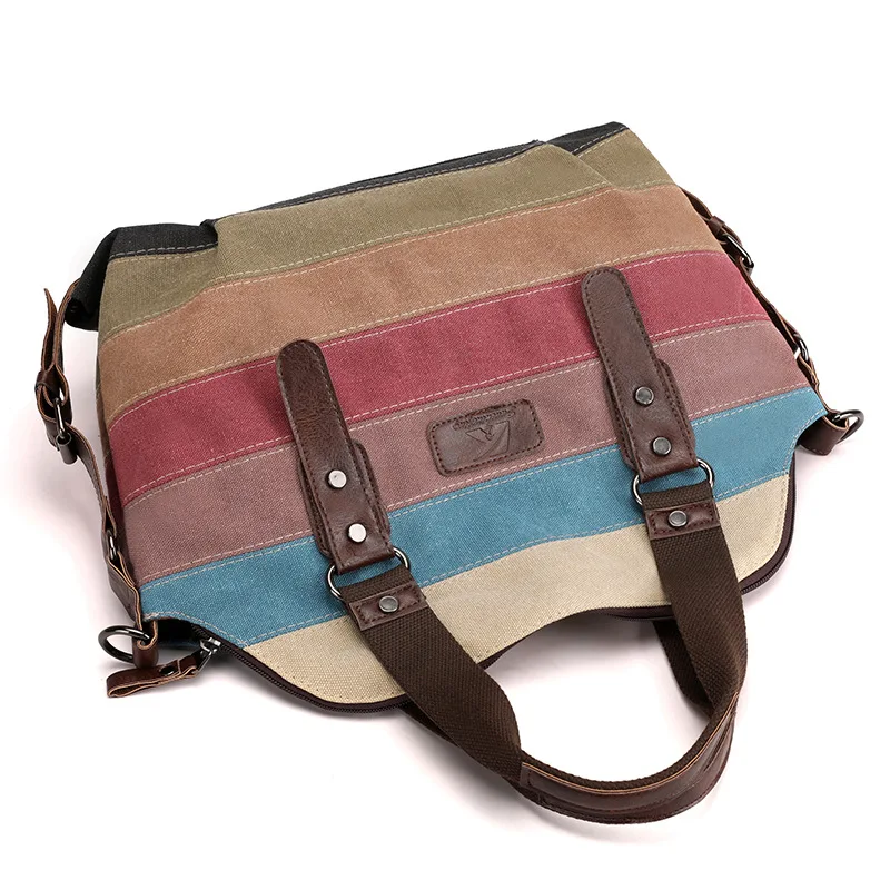 Vintage Women Bag Handbags Patchwork Rainbow Shoulder Canvas Bag for Woman Lady Messenger Bag Female Casual Crossbody Bag