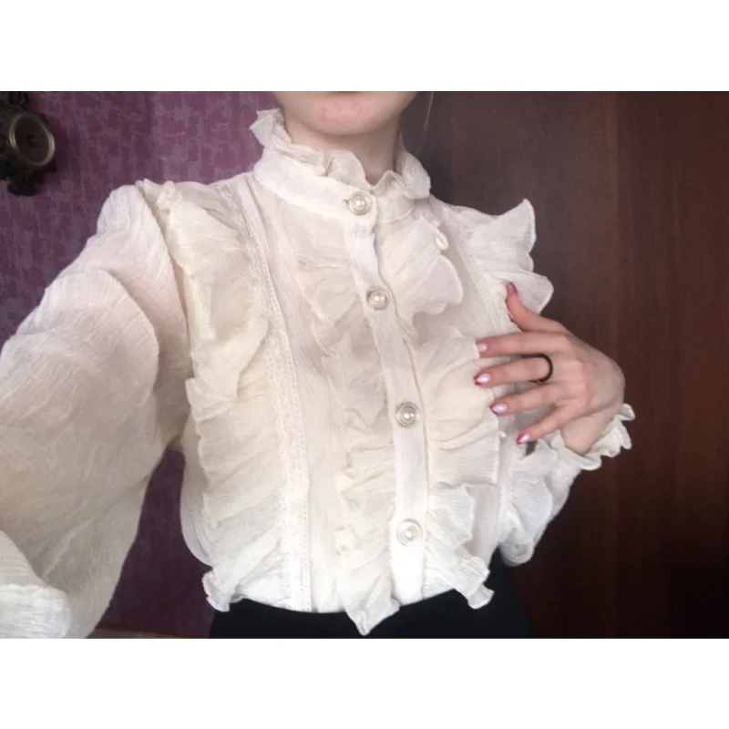 Korean Women Elegant Chiffon Shirt and Blouses Chic Long Sleeve Lace Ruffles Stand Collar Casual Loose White Tops Woman 13433