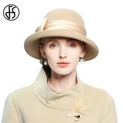 FS Elegant Camel Millinery Wool Felt Hats For Women With Bowknot Fashion Fedora Ladies Formal Tea Party Dress Cap 2025 Autumn