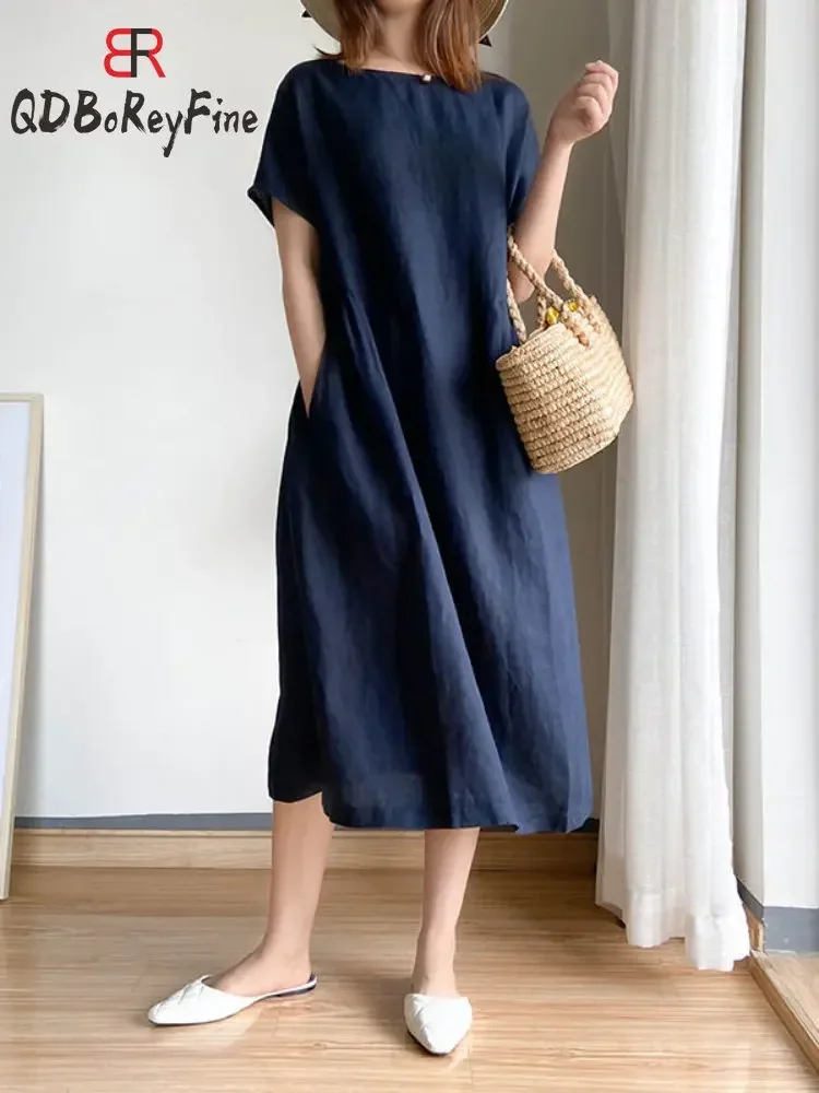 Summer Women Dress Casual Loose Short Sleeve A-LINE Oversize Solid Midi Dress Cotton Linen Dresses for Women Vestidos De Mujer