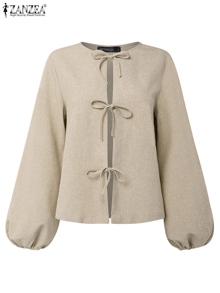 

ZANZEA 2025 Autumn Shirts Women Vintage Long Sleeve Blusas Casual Loose Lace-Up Tunic O Neck Solid Color Pullover Fashion Tops