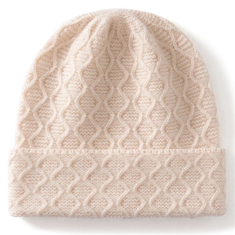 2025 خريف شتاء جديد 100% الكشمير محبوك قبعة موجة نمط تنوعا بلون مريح دافئ سدادات حماية الأذن قبعة