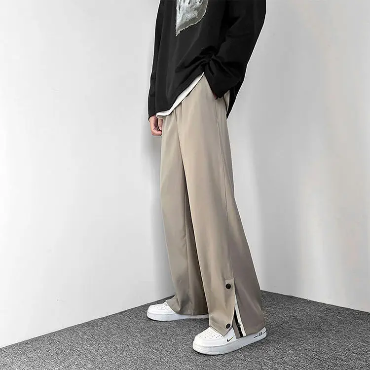 Korean Style Split Suit Pants Men's Loose Straight Draping Effect Wide Leg Pants High-Grade Design Trousers Breasted Khaki Pants