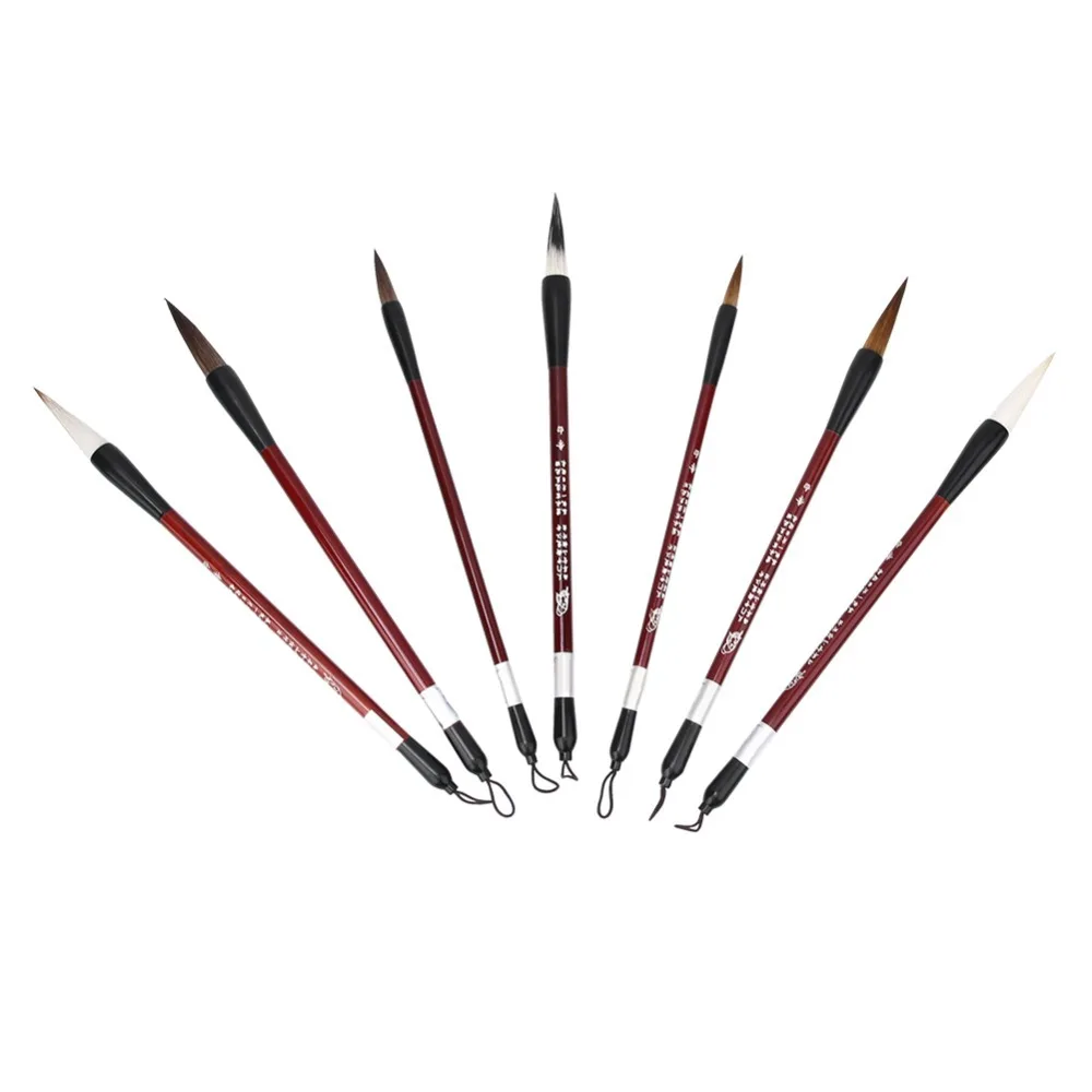 7PCS Nylon Writing Brush Set Multiple sizes Wooden Handle Chinese Painting Calligraphy Brushes Sturdy Pole Art Writing Tools