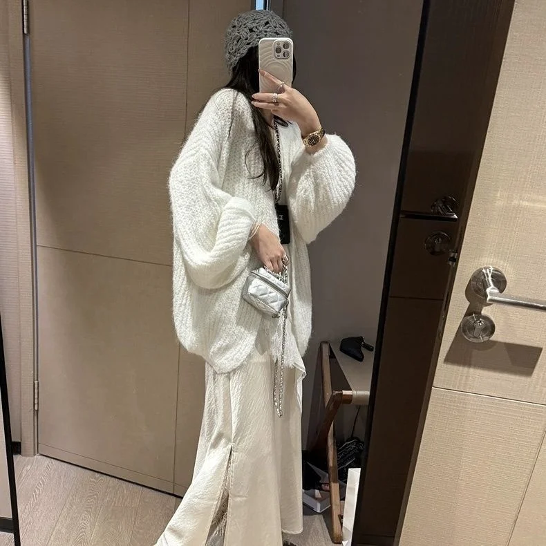 

Mid-Long Cardigans Ladies Womens Fall Cotton Minimalism Trendy Tube Spliced Solid-Coloured Stretchy Distressing Puff-Sleeve Slim