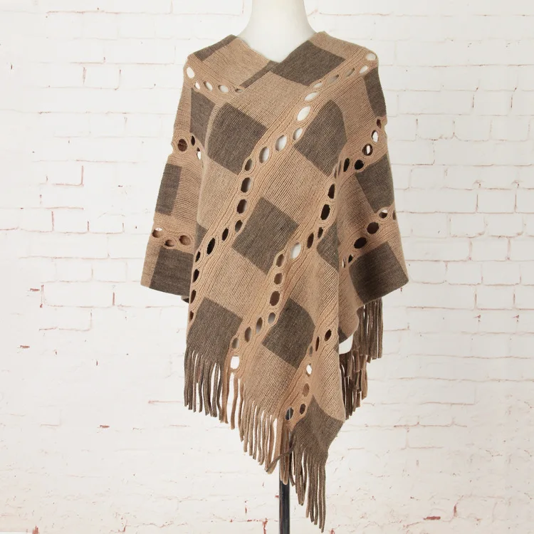 

Spring Autumn Hollow Large Tassel Plaid Pullover knitting Cape Fashion Women Fashion Street Poncho Lady Capes Khaki Cloaks