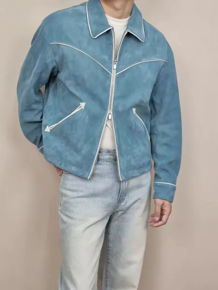 Luxury Mens Sheepskin Suede Jacket Zipper Turndown Collar Genuine Leather Short Jackets Loose Fashion Casual Outerwear Coats view 4