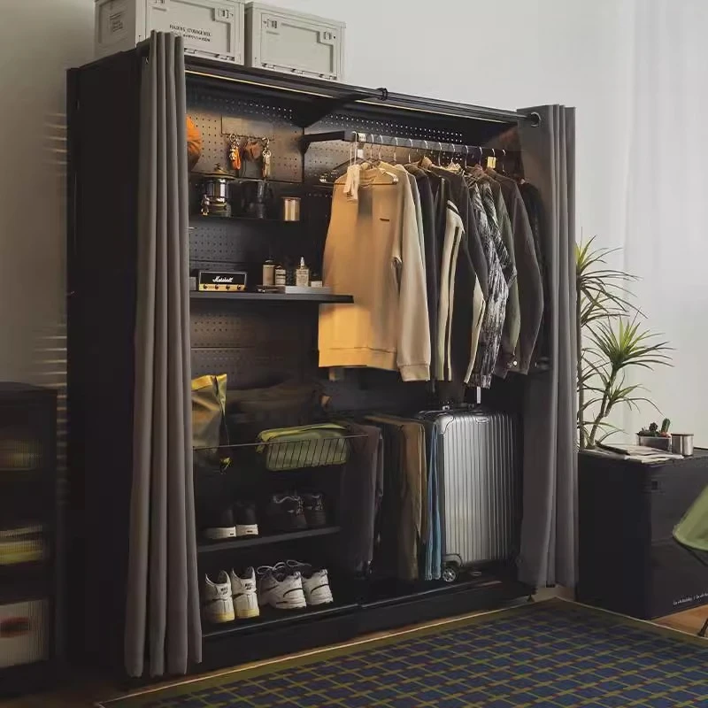 Nordic High Quality Cave Wardrobe with Dust Curtain Open Metal Shelf Wrought Iron Simple Home Bedroom