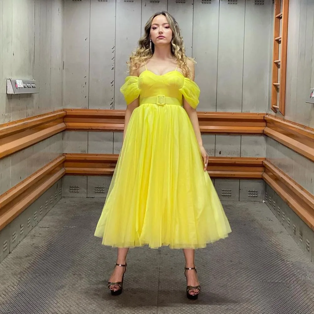 

Sevintage Lemon Yellow Tulle Evening Dresses Sweetheart Off the Shoulder Tea-Length A-Line Prom Gowns Wedding Party Dress 2022