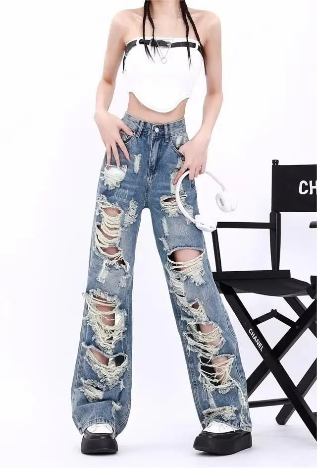 Ripped Jeans Women Summer 2024 Spring and Autumn New High Waist Slimming Straight Drape Small Wide Leg Pants Ins Fashion