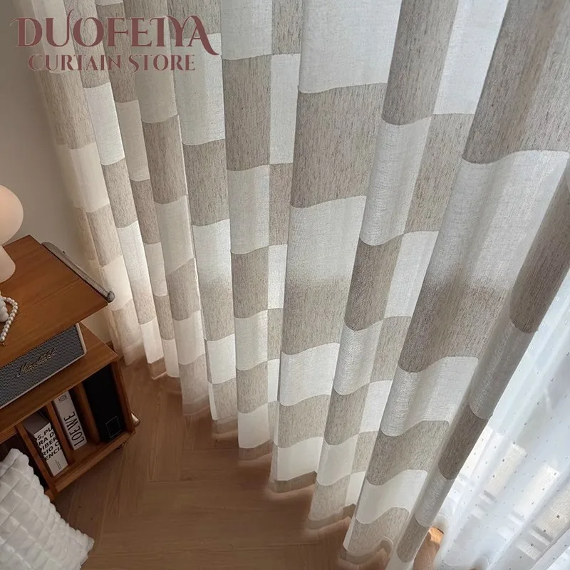 

Custom Size Luxury Creamy Linen Hollow Curtains for Living Room Bedroom Nature Vertically Dining Tulle Decor Square Modern Grace