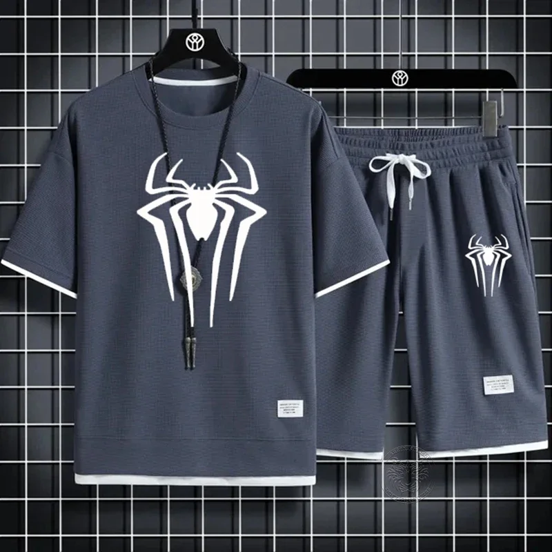 Men's spider print T-shirt, casual two-piece suit with shorts, waffle sportswear, comfortable and fashionable set, summer sports