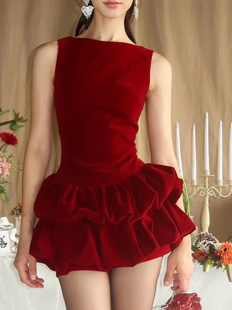 

Сексуальное плиссированное мини-платье без рукавов с круглым вырезом и оборками, женское красное бархатное платье с высокой талией, тонкие платья трапециевидной формы, вечерние платья