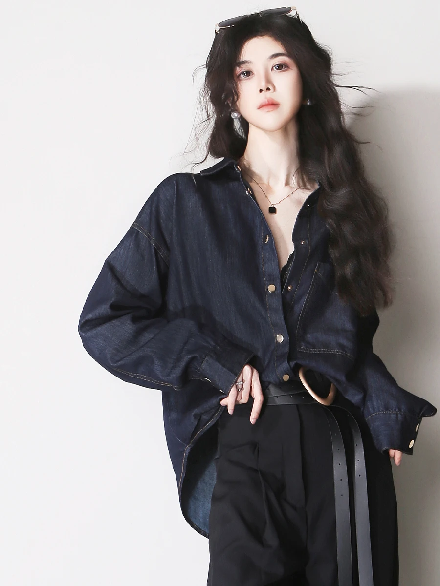 

Винтажная джинсовая рубашка F75 с длинным рукавом, мягкая, свободного кроя, с большими карманами, женская, премиум-класса, модная повседневная одежда