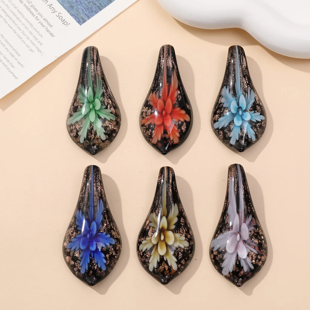 New Handmade Murano Lampwork Glass Black Matrix Flower Water Drop Shape Pendant Fit For Necklace Penholder Gifts