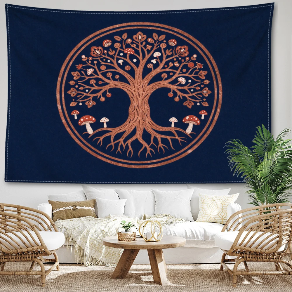 Navy Blue Copper Tree of Life Mushroom Circle Wall Tapestry, Boho Decor