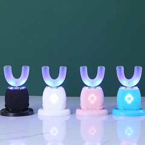 360 °   Spazzolino elettrico ad ultrasuoni a forma di U per adulti Spazzolino da denti con vibrazioni soniche con base di ricarica Sbiancamento con luce LED blu