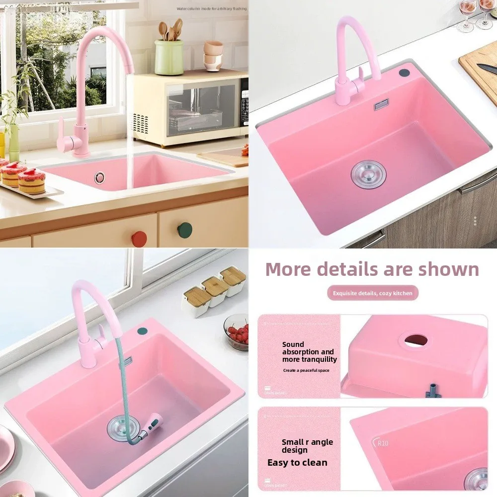 

Thickened Single Bowl German Pink Quartz Stone Sink Kitchen Vegetable Washing Basin Bathroom Washbasin Bar Countertop Wash Basin