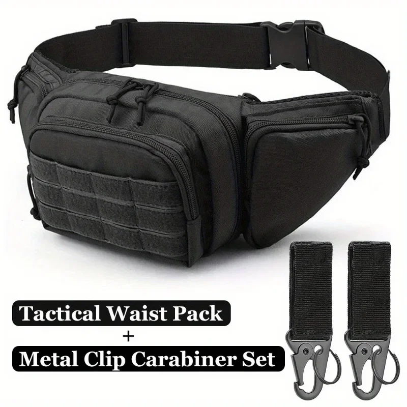 Tactical Fanny Pack Metal Clip Hook Cover Nylon Backpack Hiking Phone Bag Tactical Gear Hook and Loop Key Chain Black Metal Hook