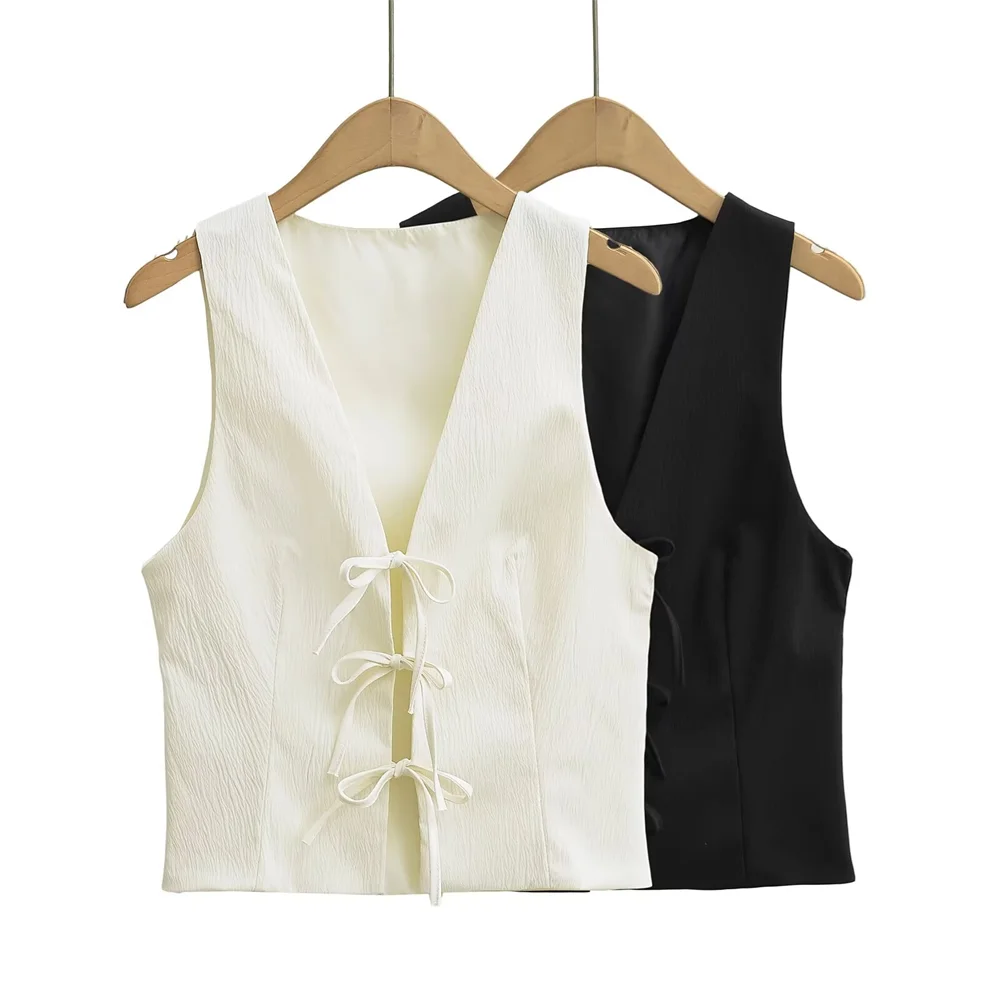 PB&ZA 2024 Spring New Women's Fashion temperament casual versatile bow decoration V-neck vest top