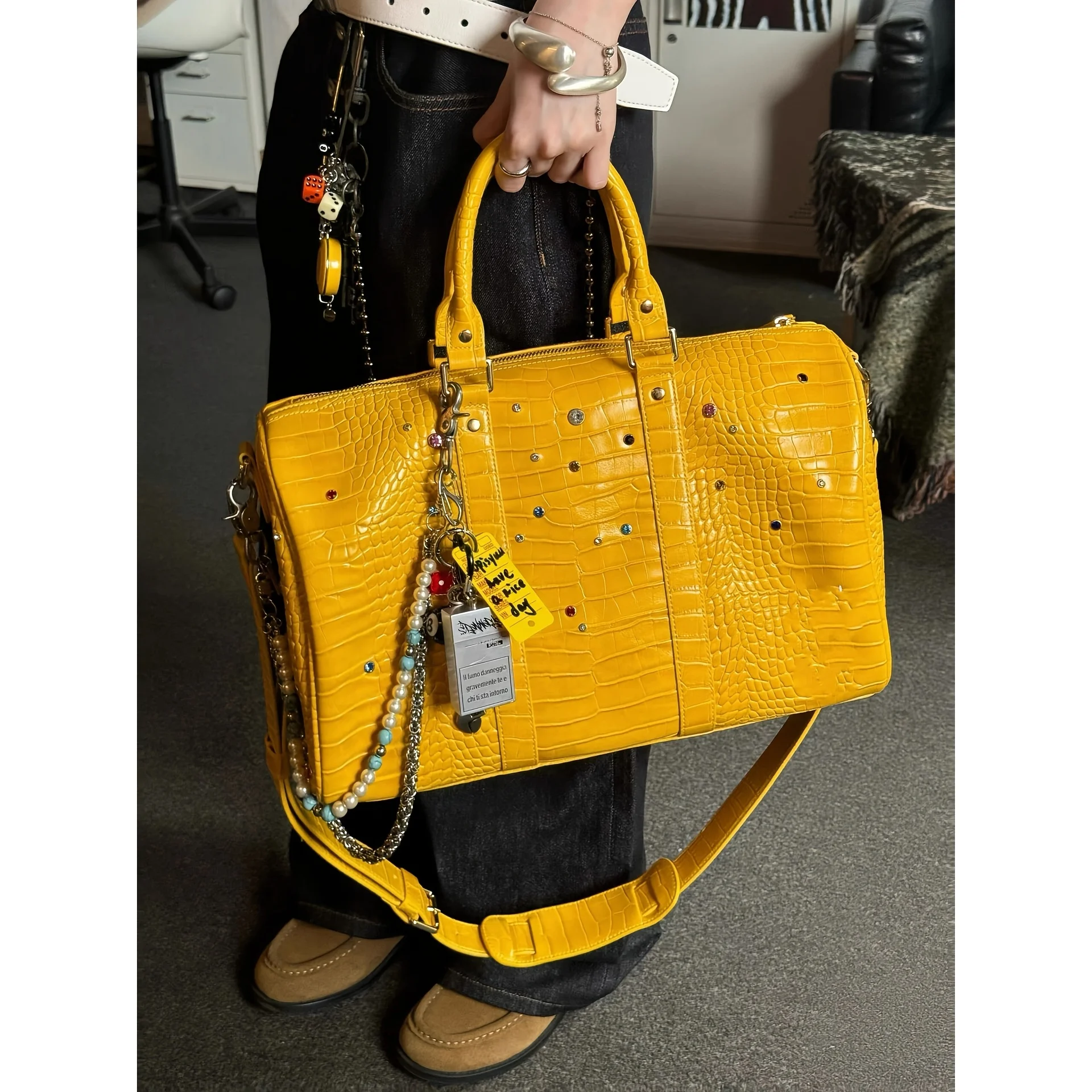 Casual Handbags Travel Bags Large-capacity Unisex Single-shoulder Luggage Yellow Crocodile Colorful Diamonds Gemstones Crossbody