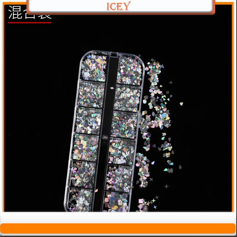 Icey Beauty-Juego de adornos de diamantes de imitación, purpurina láser, Irregular, joyería para uñas, polvo brillante, 1 Juego