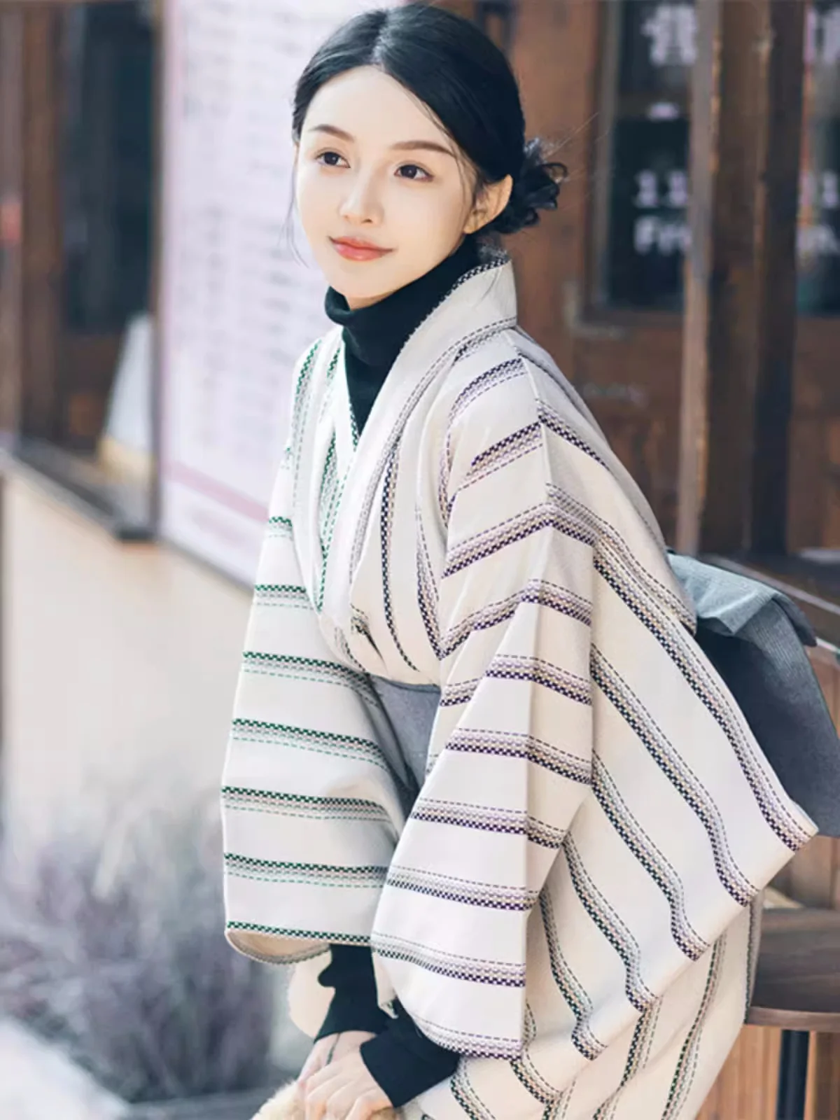 Japan Style Traditional Kimono, Black White Stripe Retro Long Dress for Spring, Photography Dress, Cosplay Costume