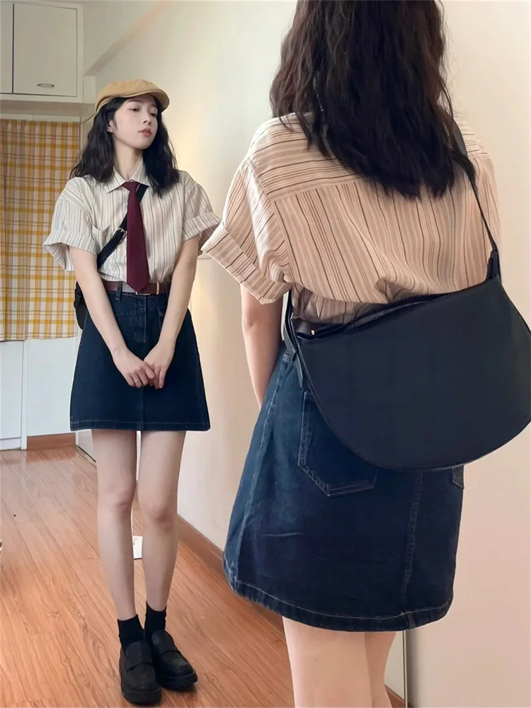 

Юбка А-силуэта с высокой талией, женская джинсовая юбка свободного кроя, короткие юбки, весна-лето, новинка, большие размеры, корейский стиль, стройнящая модель