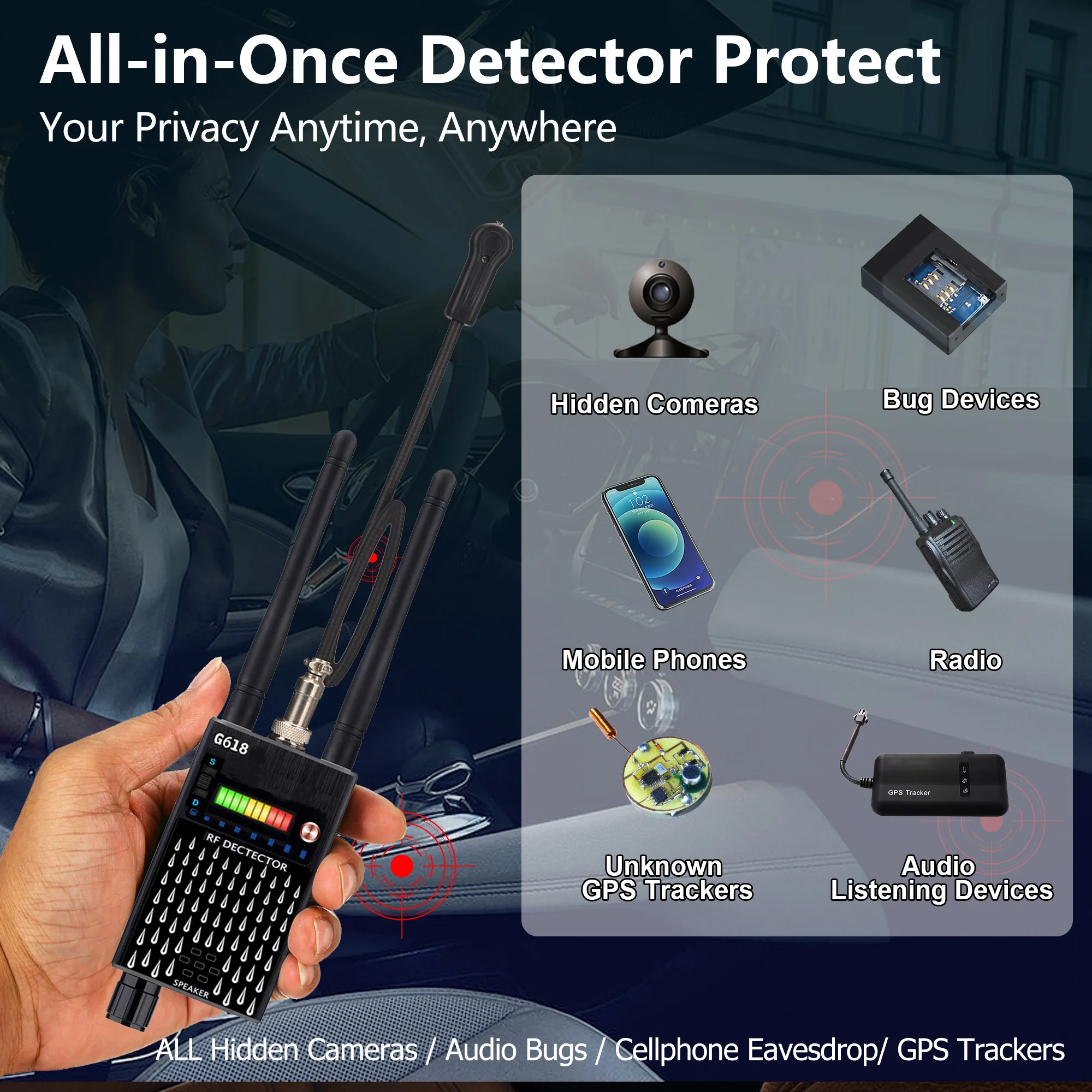 Detector oculto inalámbrico G618W, buscador de dispositivos GSM, Wifi, rastreador GPS, detección magnética, cámara antirrobo, escáner RF profesional