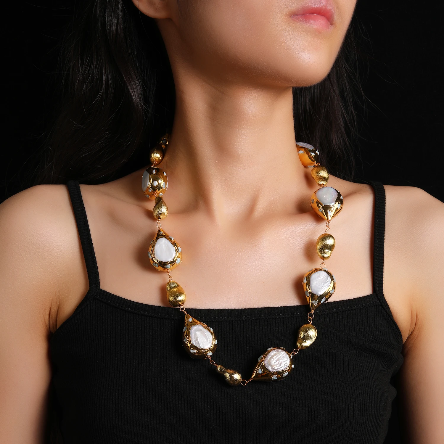 

Gorgeous Trendy Necklace Natural Freshwater Pearl 18K Gold Plated Copper for Engagement Fashionable Jewelry Gift for Friends