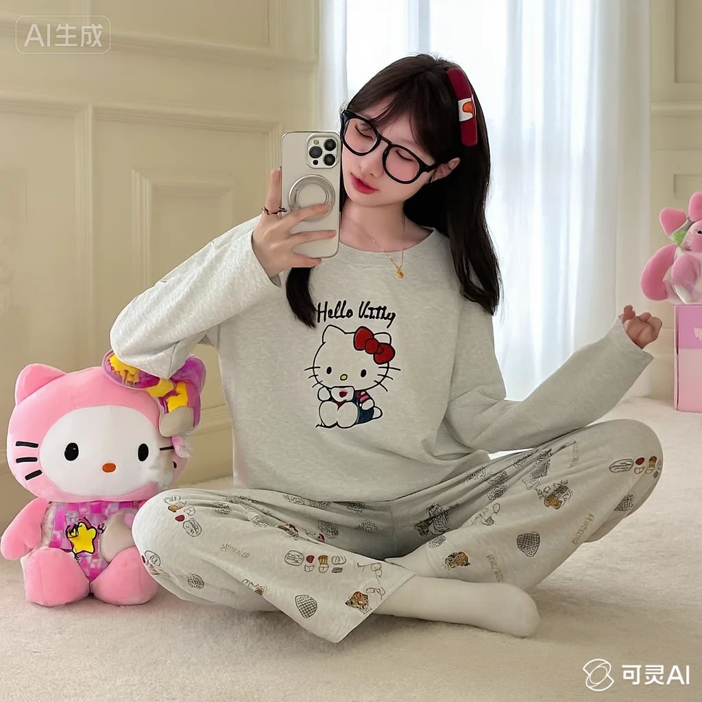 

Sanrio Pompom Purins пижамы из чистого хлопка для колледжа осень-зима Kawaii с круглым воротником для отдыха удобные свежие милые милые девушки новые