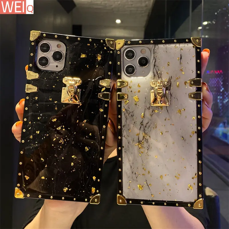 Luxury Bling Gold Foil Marble Square Phone Case For iPhone12 11 6 7 8 Plus XR XS 13 14 pro Max mini Glitter Soft Cover For  case