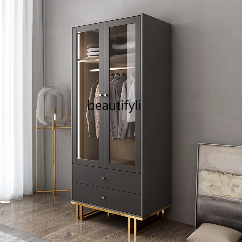 

HJ Wardrobe with Lights Two Doors Simple Nordic Simple Modern Storage Assembled Economical Wardrobe