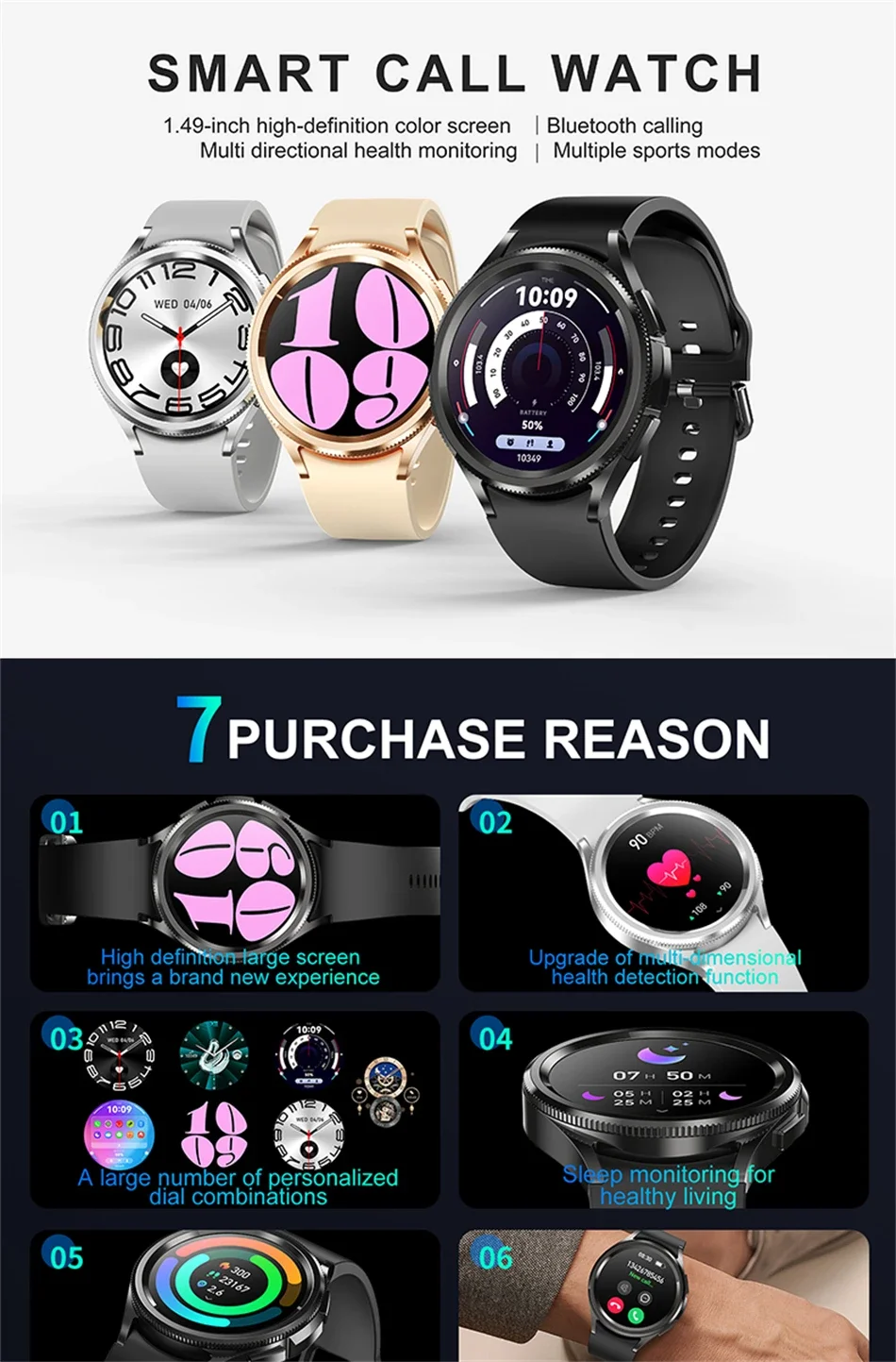 2026 Neue Watch 6 Classic Smartwatch für Damen, modisch, mit Bluetooth-Anruf, Sprachassistent, Gesundheitsüberwachung, kompatibel mit Android und iOS, Smartwatch für Herren – Detail 1
