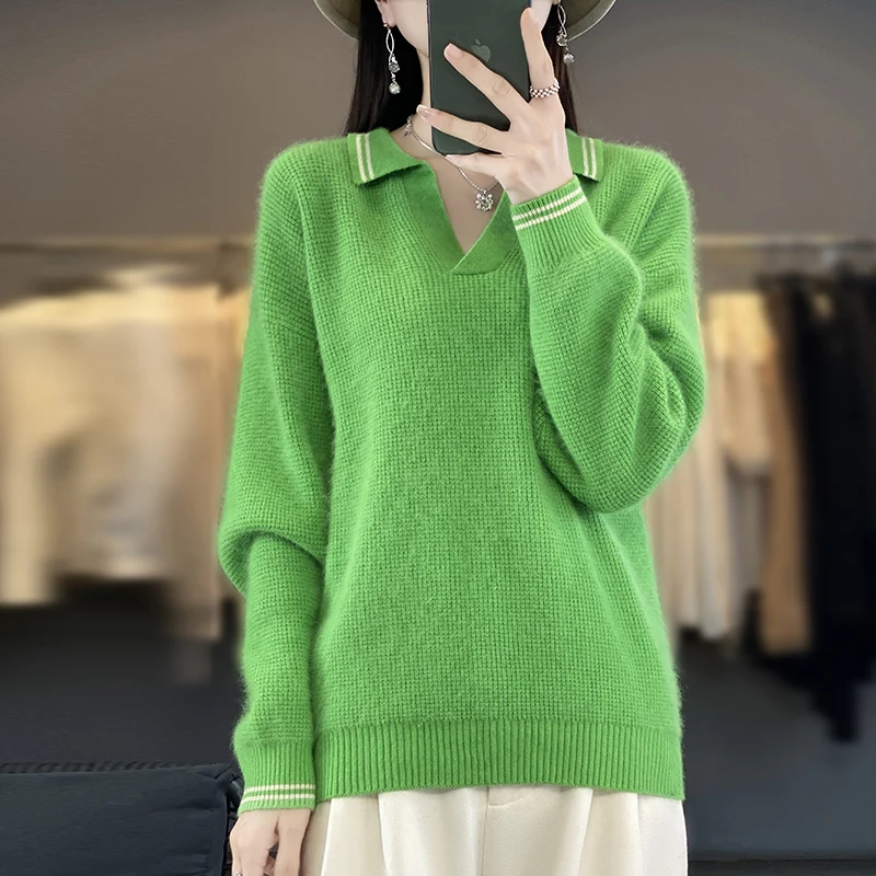 2023 Autumn Winter Polo Neck Knitted Mink Fleece Sweater Women's Fashion Casual Long Sleeve Top Striped Warm Women's Pullover